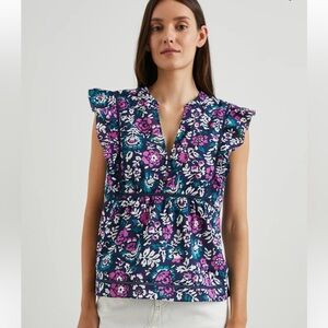 Rails Misha Woodblock Floral Ruffle Sleeve Blouse Navy Pink Size M
